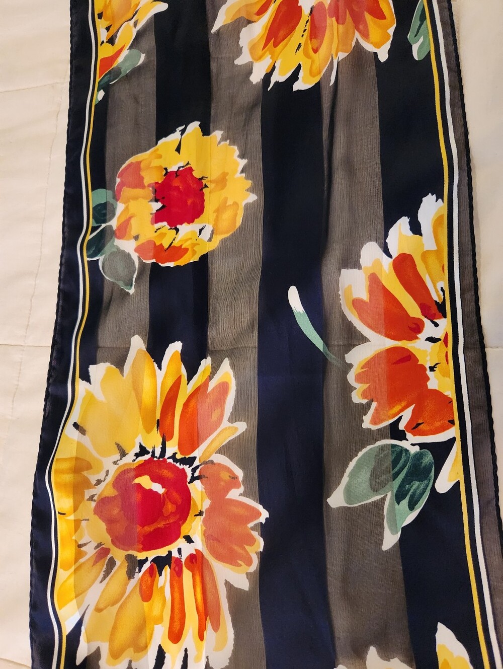 Vintage Elaine Gold  Scarf Navy Sunflowers, Sheer, EUC 11 By 54 Inches Orange